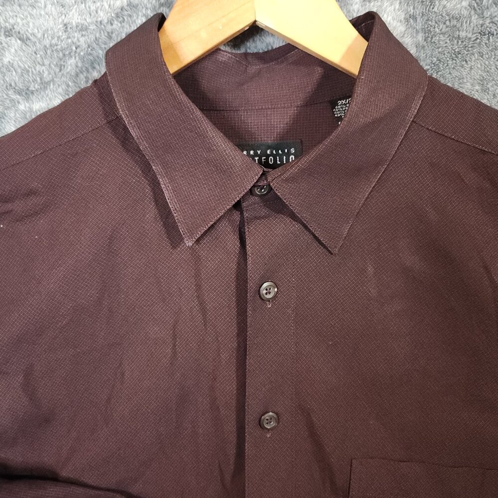 Perry Ellis Dress Shirt Button Up Pockets Men's 2X Long Sleeve Burgundy Red - Picture 3 of 12